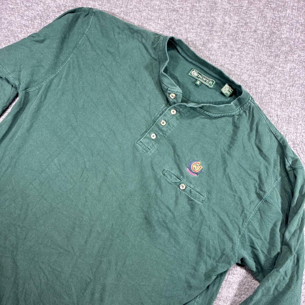 Vintage Roper Henley Shirt Mens XL Green Long Sleeve Cotton‎ Pocket 80s Cowboy